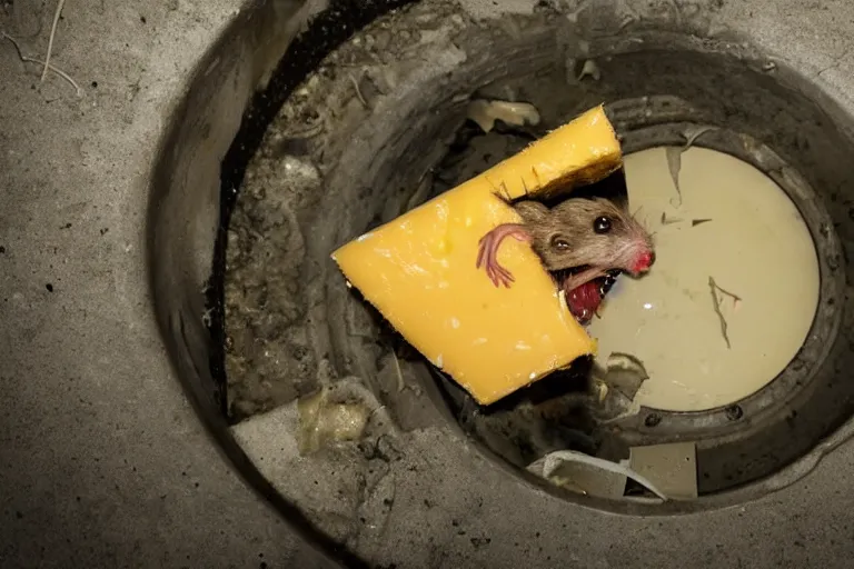 Image similar to a mutant disgusting rat eating cheese in a sewer, photograph, terror, horror, mutant,