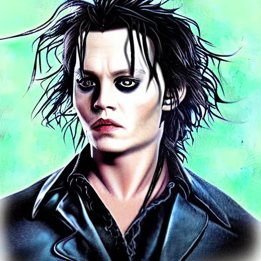 Prompt: portrait of young johnny depp as edward scissorhands, highly detailed, centered, solid color background, digital painting