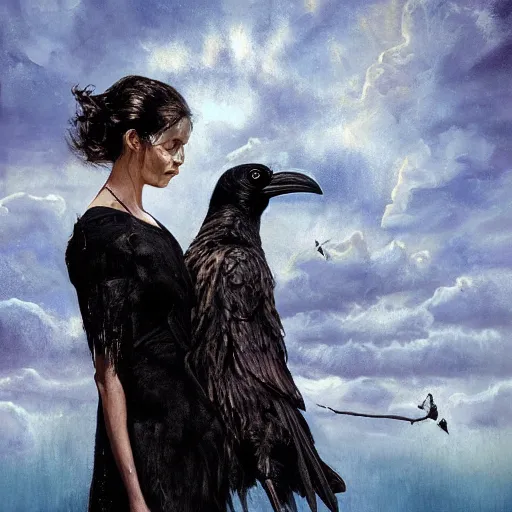 Image similar to morning, raven bird perching on the shoulder of a woman in a black dress. sun, cinematic, clouds, vogue cover style, copper and deep blue mood, realistic painting, intricate oil painting, high detail, figurative art, multiple exposure, poster art, 3 d, by simon bisley, ismail inceoglu, wadim kashin, filip hodas.