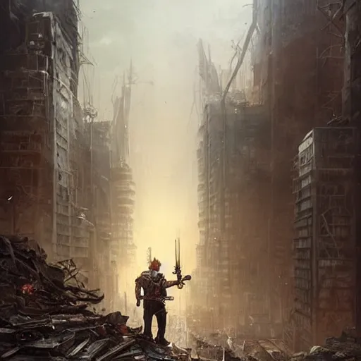 Image similar to a man wearing junk armor and scrapped jeans and holding an shotgun standing behind an apocalyptic city, Matte painting , detailed painting, greg rutkowski