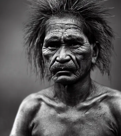 Image similar to Award winning reportage photo of Tuvalu Natives with incredible insane hair and beautiful hyper-detailed eyes wearing traditional garb by Lee Jeffries, 85mm ND 5, perfect lighting, gelatin silver process