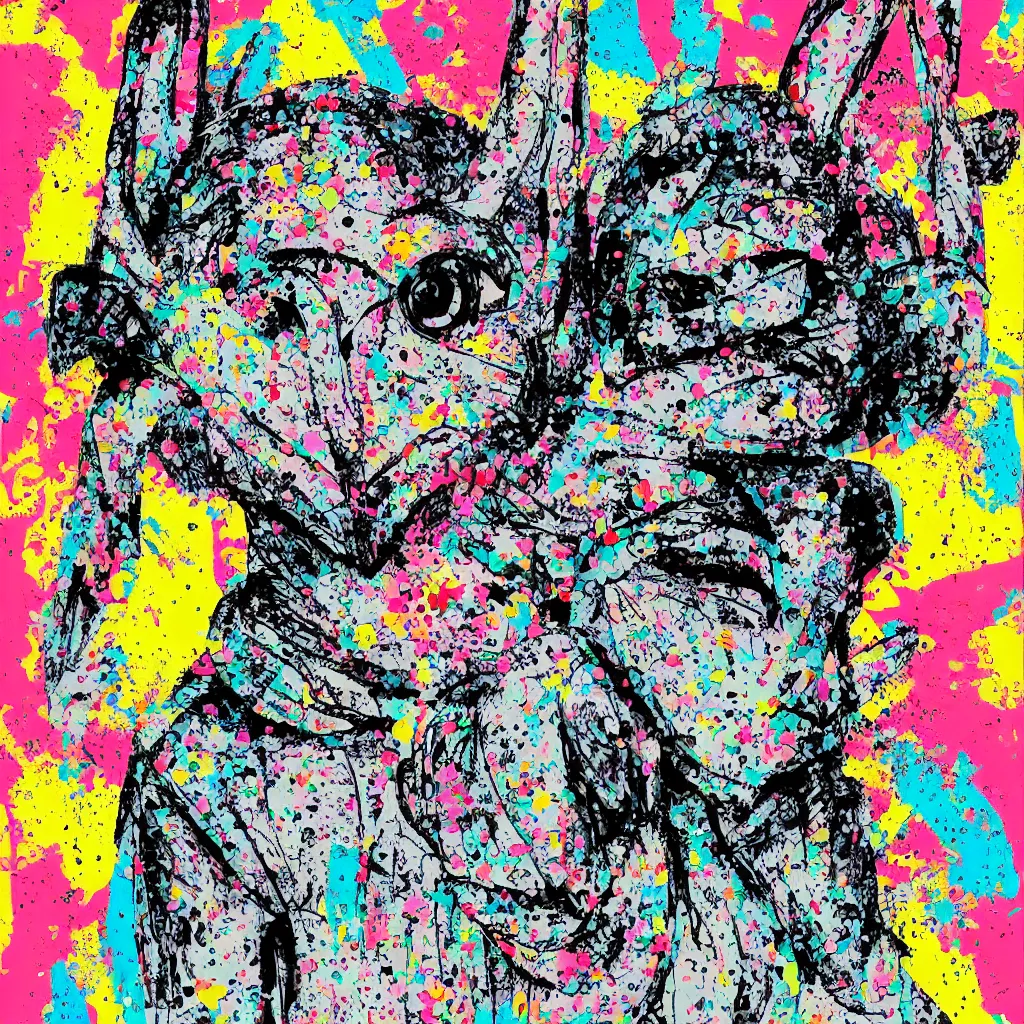 Image similar to person wearing bunny ear hat, abstract, jet set radio artwork, ryuta ueda artwork, cryptic, rips, spots, asymmetry, stipple, lines, glitches, color tearing, pitch bending, stripes, dark, ominous, eerie, hearts, minimal, points, technical, natsumi mukai artwrok, folds