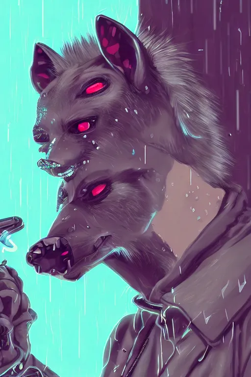 Image similar to digital painting of anthromorphic hyena female smoking cigarrete in cyberpunk style, fursona, furry fandom, neon rainy cyberpunk setting, anthro, wearing cyberpunk leather jacket, detailed face,