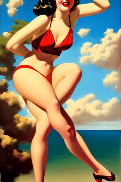 Image similar to 1940s pinup bikini girl, oil painting, by Gil Elvgren