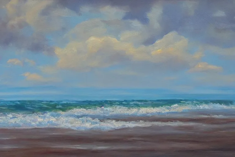 Image similar to a beautiful seascape by adrienne pavelka, big stormy sky, oil painting
