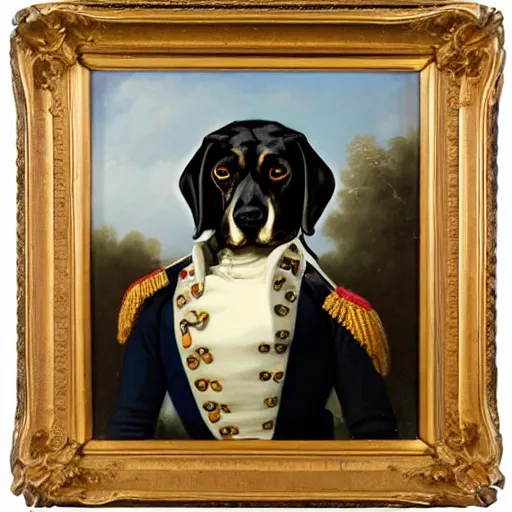 Prompt: oil painting of a black beagle, dressed like napoleonic officer