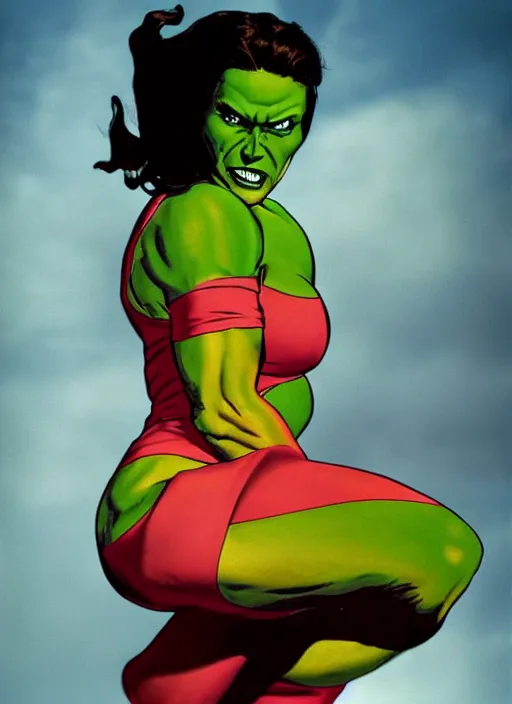 Prompt: a color photo portrait of she hulk in la by annie liebovitz, dramatic lighting, 7 5 mm lens, sharp focus.