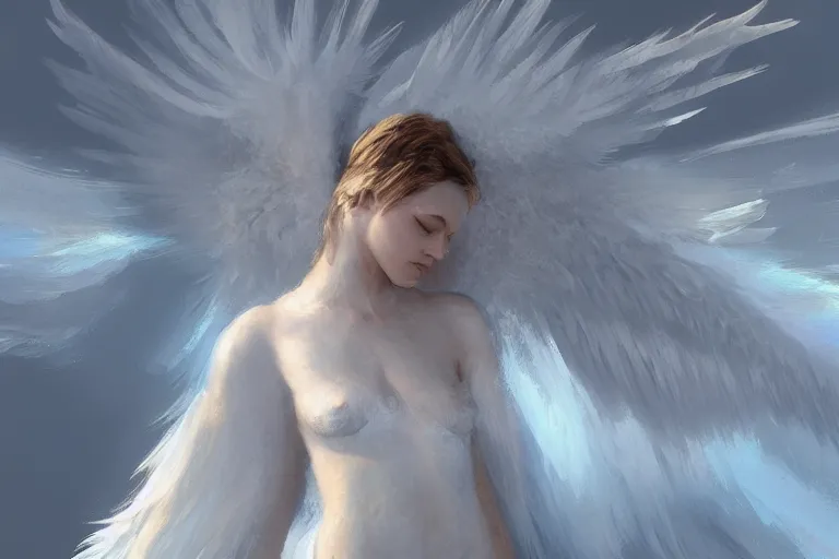 Image similar to a white angel with feathered wings open, digital art in the style of Craig Mullins , 4k