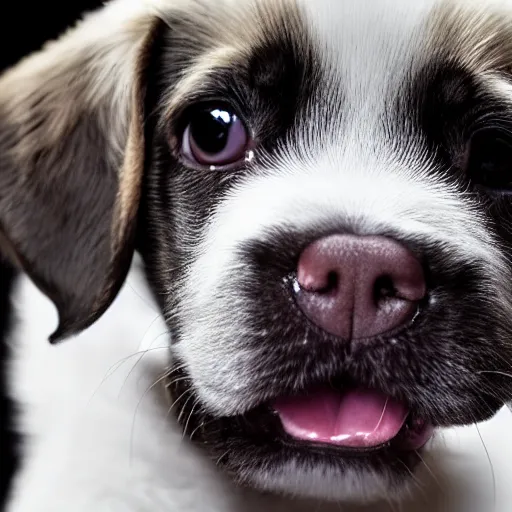 Image similar to a very cute puppy smiling. close-up. white ground. dark background. blach and white. single light source. 14mm lens. iso 100. diaphragm 1.4. shutter speed 1/350 W-1024