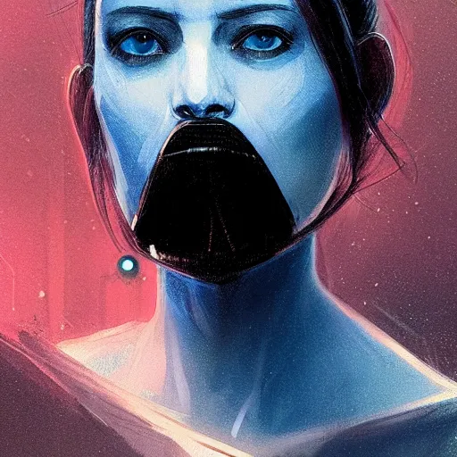 Prompt: portrait of a woman by Greg Rutkowski, blue skin, red eyes, black hair with two strand around her face, authority figure, secretary general of the galactic alliance, wearing black uniform, Star Wars Expanded Universe, highly detailed portrait, digital painting, artstation, concept art, smooth, sharp foccus ilustration, Artstation HQ