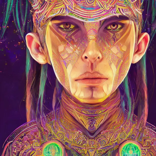 Image similar to portrait of a future metaverse ayahuasca tech shaman warrior, 2 d cartoon, visionary art, symmetric, magick symbols, holy halo, shipibo patterns, sci - fi, concept art, trending on art station, 8 k digital art, by mandy jurgens, fantasy portrait art, anime