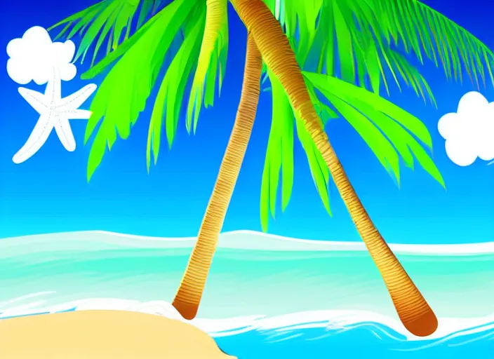 Prompt: a beautiful childrens illustration of a beach with coconut palms