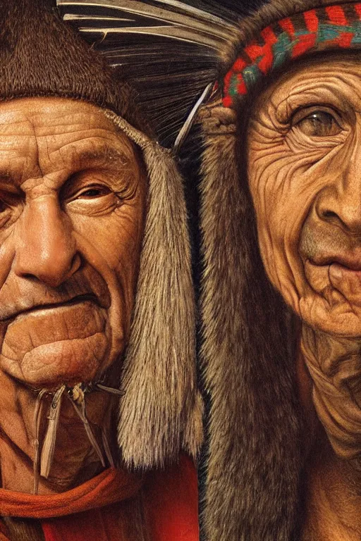 Prompt: hyperrealism close-up portrait of an ugly old man and lama in War bonnet in style of da Vinci