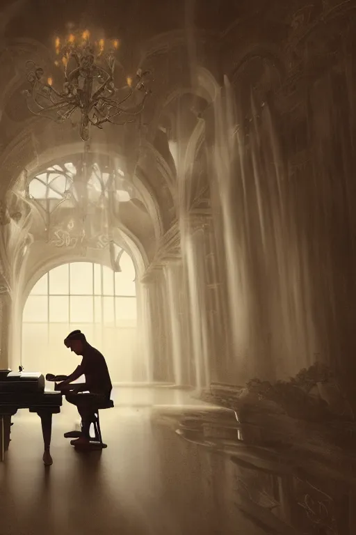 Prompt: Mac Miller playing the piano in the middle of a marble palace in Heaven, Halo, RIP, Heavenly, Divinity, waterfalls, beams of golden light, Hope, Ethereal, Symmetry, environment concept, Atmospheric Lighting, artstation trending, ladders, angelic, Rendered in Octane, trending on artstation, cgsociety, moody lighting rendered by octane engine, environment 8K artstation, cinematic lighting, intricate details, 4k detail post processing, hyperrealistic, ultra detailed cinematic