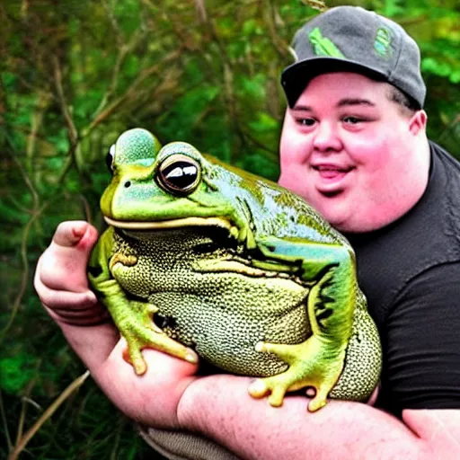 Prompt: fat man holding worlds largest fat frog which is screaming