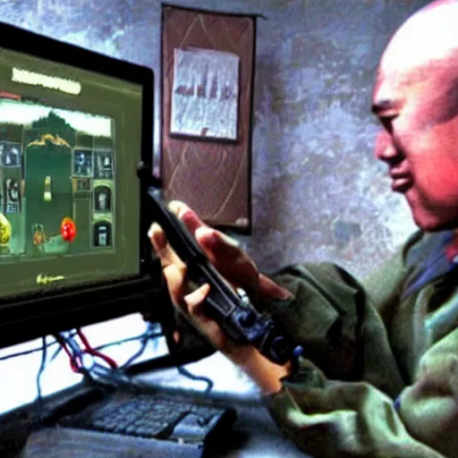 Prompt: Genghis Khan playing Counter Strike in a net cafe on a PC from the 2000s