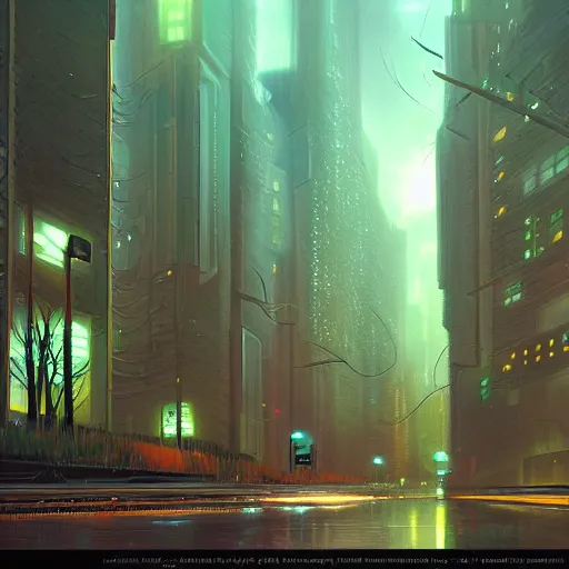 Image similar to sci - fi urban landscape with trees in rainy coruscant at night by david noren and ralph mcquarrie and peter mohrbacher, matte painting, psychedelic, dark