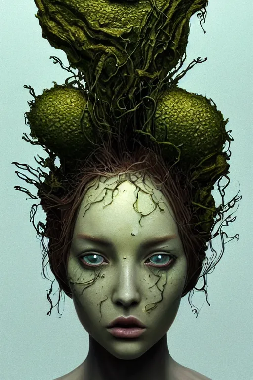 Image similar to beautiful portrait of a mutant algae plant character, intricate, dystopian, eyelashes, extremely detailed, digital painting, sculpted in zbrush, artstation, concept art, smooth, sharp focus, illustration, chiaroscuro soft lighting, golden ratio, rule of thirds, fibonacci, incredible art by Stanley Artgerm Lau and Greg Rutkowski, composition by mike mignola and Simon Stalenhag,