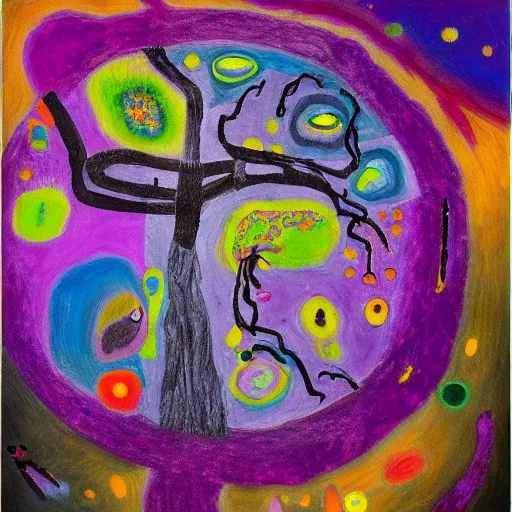 Prompt: a painting of a tree with a purple circle in the center, an ultrafine detailed painting by Asger Jorn, pixiv contest winner, gutai group, oil on canvas, metaphysical cosmic horror, neo-primitive brutal artwork, 8K