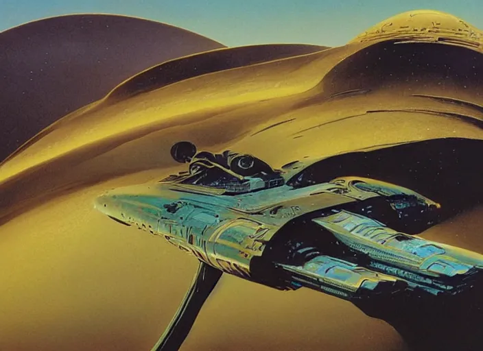 Image similar to ( ( ( ( ( dune 2 0 2 1 matte painting, sci - fi illustration, sci - fi environment, planets, desert scene, painting ) ) ) ) ) by vincent di fate and john berkey and ralph mcquarrie!!!!!!!