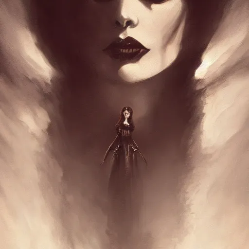 Image similar to closeup portrait of a young and beautiful vivian leigh in gothic clothing, dramatic light, gorgeous view, depth, high detail, digital art, painted by greg rutkowski and seb mckinnon, by tim burton, trending on artstation