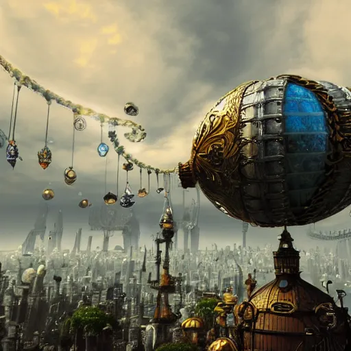 Image similar to enormous flying city in a faberge egg encircled by giant metallic petals, cloudy sky background, steampunk, fantasy art, masterpiece, unreal engine