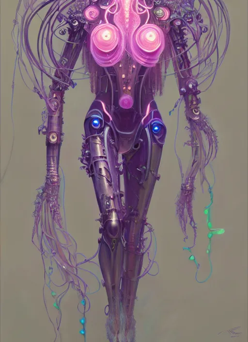 Image similar to organic cyborg, neon jellyfish, diffuse lighting, fantasy, intricate, elegant, highly detailed, lifelike, photorealistic, digital painting, artstation, illustration, concept art, smooth, sharp focus, art by John Collier and Albert Aublet and Krenz Cushart and Artem Demura and Alphonse Mucha