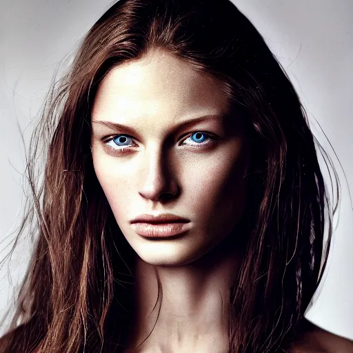 Image similar to portrait photography of world top model by annie leibovitz, perfect facial symmetry, dim volumetric cinematic lighting, 8 k, post - processing, extremely hyper - detailed, intricate, epic composition, masterpiece, stunning,