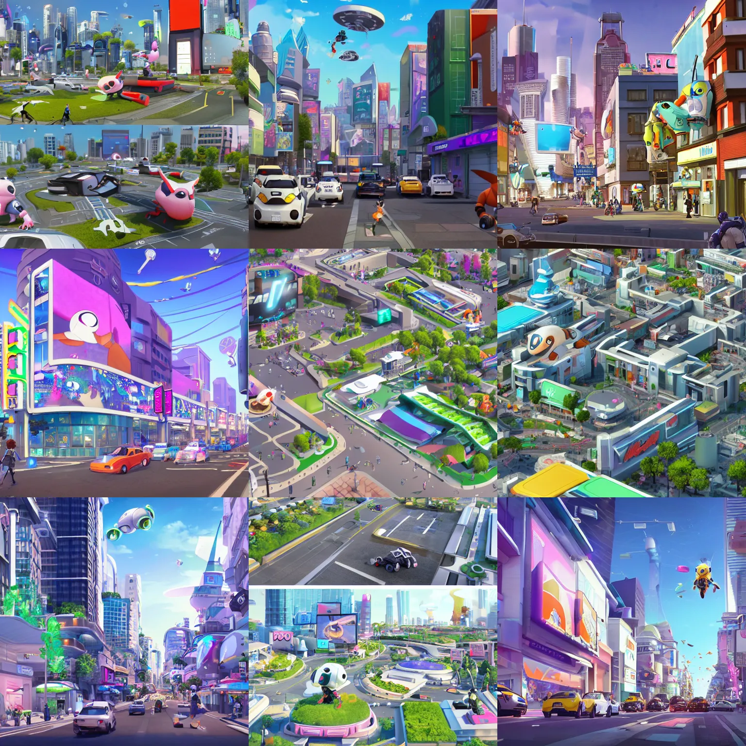 Prompt: a future urban city, white buildings + colorful decorative + led billboards + brand logo, cute future vehicles, cute spacecraft flying in the air, cute pokemon walking on the street, cute scene, huge universe, alien planet in the sky faraway, sports center faraway, dokev, ratchet & clank, overwatch, splatoon 3, big hero 6, zootopia,