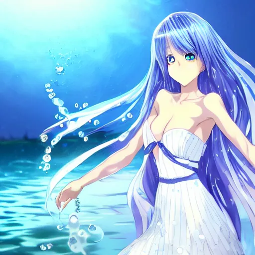 Image similar to a very beautiful anime girl wearing a dress made of water standing in a crystal lake , full body, long white hair with azure blue highlights blending into the dress , azure blue watery eyes, full round face, in a bath, seductive over the shoulder glances , lens flare, cinematic lighting, medium shot, mid-shot, highly realistically detailed, trending on pixiv , Unreal Engine 4k, Stanley Artgerm Lau, WLOP, Rossdraws, James Jean, Andrei Riabovitchev, Marc Simonetti, and Sakimichan