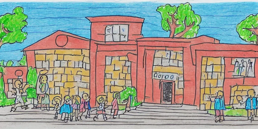 Image similar to school exterior, children's hand drawn illustration