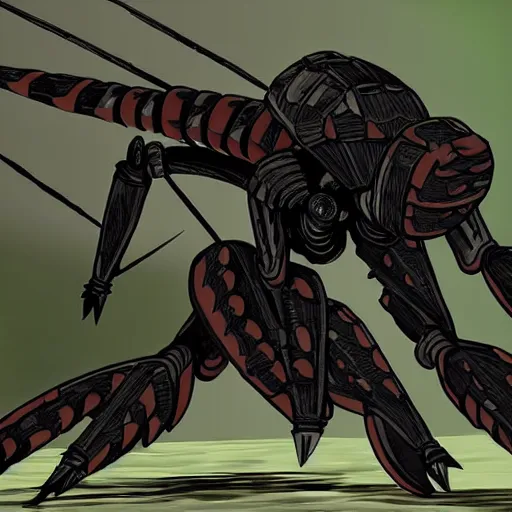 Image similar to A humanoid mosquito, reminiscent of a winged medieval knight rusty black armor. One punch man style.