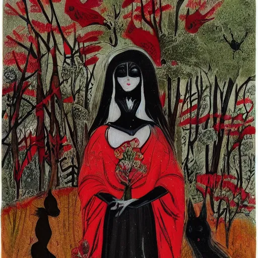 Image similar to In the art installation Vasilisa can be seen standing in the forest, surrounded by animals. She is holding a basket of flowers in one hand and a spindle in the other. Her face is turned towards the viewer, with a gentle expression. In the background, the forest is depicted as a dark and mysterious place. red by Richard Burlet, by Siya Oum decorative