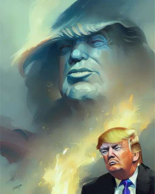 Image similar to painting of donald trump, serene, by peter mohrbacher, wadim kashin, greg rutkowski, larry elmore, george pemba, ernie barnes, raymond swanland, magali villeneuve, trending on artstation