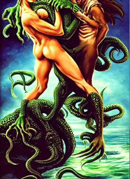 Image similar to mills and boon romance novel cover with cthulhu and fabio, they are in love