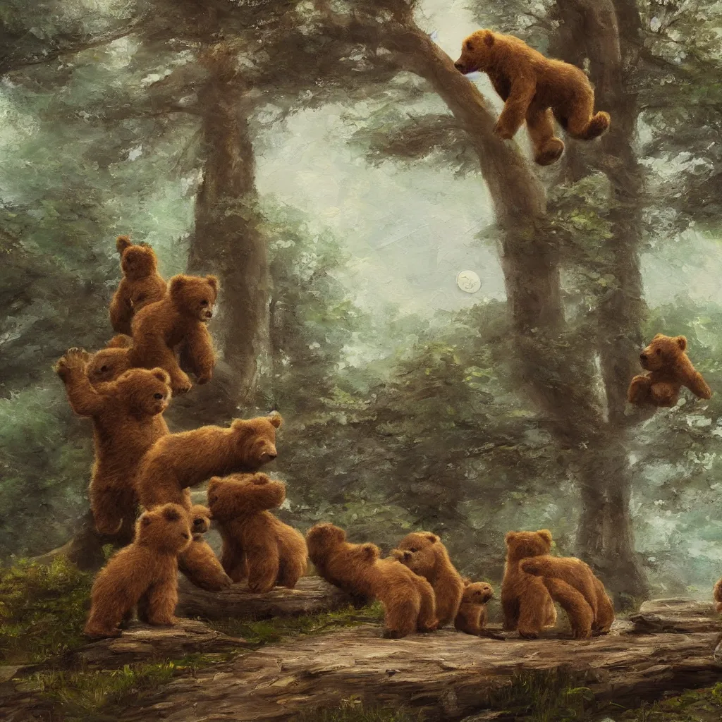 Image similar to cottage with three humanoid bear cubs in front, aesthetic, oil painting, pale colors, high detail, 8 k, wide angle, trending on artstation,