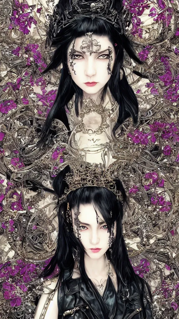 Image similar to cyberpunk fashion a beautiful black haired woman with pale skin and a crown on her head sitted on an intricate metal throne skin wrapped in flowers and wired, vintage style, by yoichi hatakenaka, masamune shirow, josan gonzales and dan mumford, ayami kojima, takato yamamoto, barclay shaw, karol bak, yukito kishiro