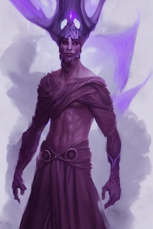 Prompt: djinn man male demon, portrait, full body purple cloak, character concept art, costume design, white horns, warlock, trending on artstation, Charlie Bowater, WLOP