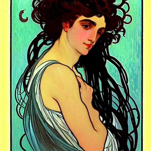 Image similar to painting of handsome beautiful dark medium wavy hair woman in his 2 0 s, dressed as an oracle, foreseeing the future, elegant, clear, painting, stylized, delicate, soft facial features, art, art by alphonse mucha, vincent van gogh, egon schiele