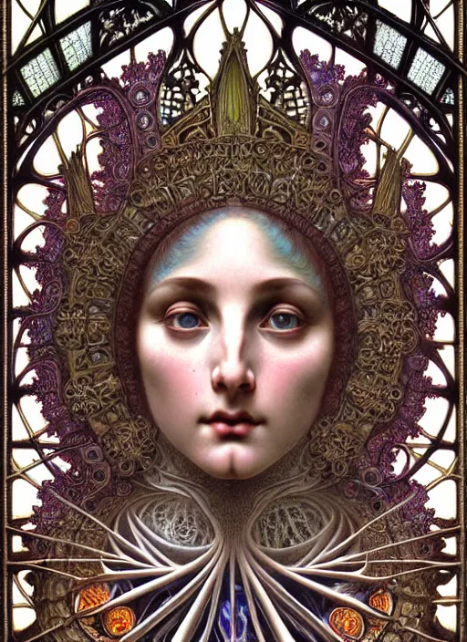 Prompt: hyperrealistic detailed face portrait of a beautiful young goddess morphing into a gothic cathedral, authentic ornamental architecture, intricate and highly detailed, awe inspiring art by ernst haeckel, h. r. giger, alphonso mucha, gothic, neo - gothic, heavily ornamental, nice deep colours,