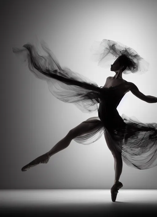 Image similar to a Photorealistic dramatic hyperrealistic render of a glamorous beautiful Female smoke dancer by Ken Brower and Deborah Ory of NYC Dance project,Lois Greenfield,Flowing cloth and smoke,Beautiful dynamic dramatic dark moody lighting,volumetric,shadows,cinematic atmosphere,Octane render,8K