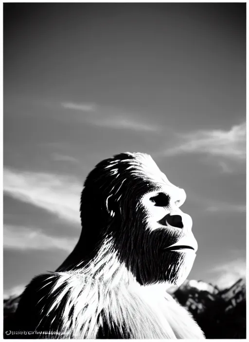 Image similar to bigfoot black and white portrait white sky in background