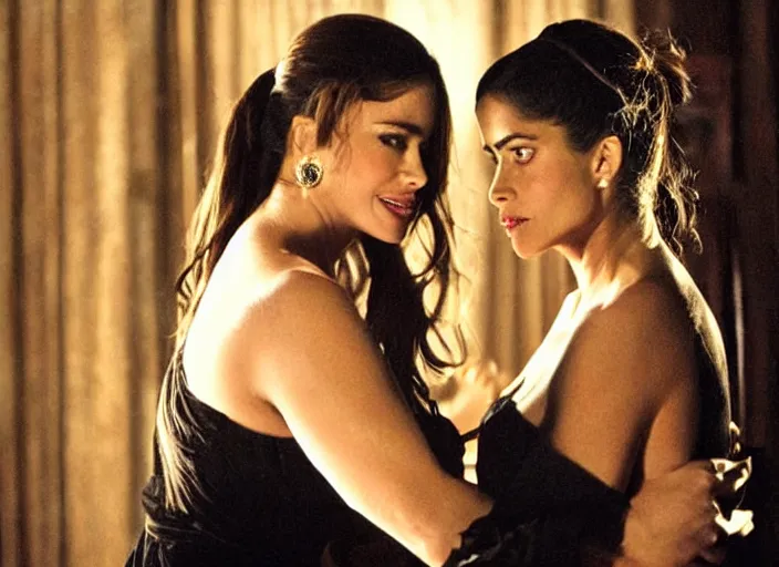 Image similar to sofia vergara and salma hayek, dark romance scene, two women, dark contrast lighting, cinematic film scene, movie photo, directed by darren aronofsky