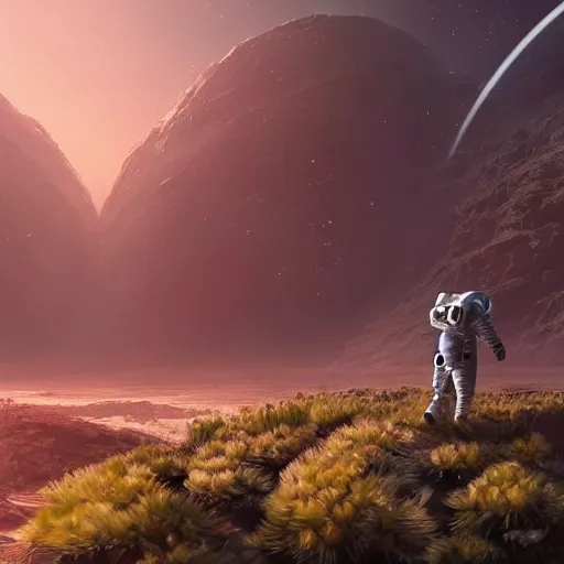 Image similar to An astronaut walking on an alien planet with aliens plants, looking at an alien breathtaking landscape, cinematic lighting, concept art, artstation