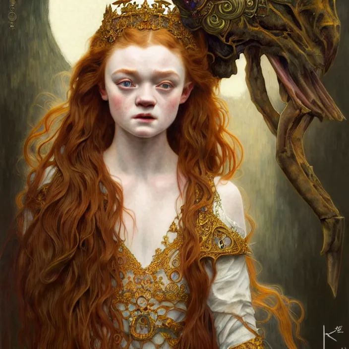 Prompt: ancient queen sadie sink, symetrical, diffuse lighting, fantasy, intricate, elegant, highly detailed, lifelike, photorealistic, digital painting, artstation, illustration, concept art, 4 k, smooth, sharp focus, art by john collier and albert aublet and krenz cushart and artem demura and alphonse mucha