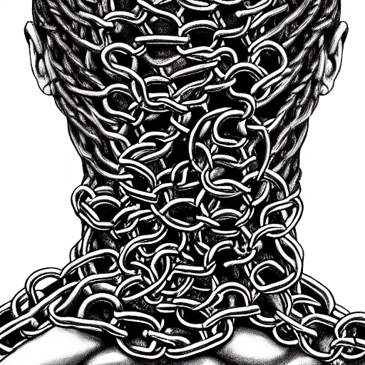 Image similar to A PORTRAIT FROM BEHIND OF A MAN ,THE THE MAN IS WRAPPED IN CHAINS ,detailed, concept art, ink style , sketch