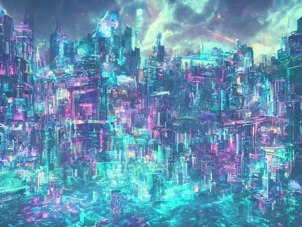 Image similar to mystical colorful cyberpunk city with a clear blue lake in a clearing where an abstract nebula crystal sculpture is floating above it, powerful, 4k, photograph, vaporwave