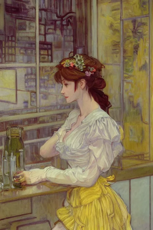 Prompt: A girl in a maid's outfit in a cafe a afternoon, wavy hair yellow theme,S line,45 angel by krenz cushart and mucha and monet and greg rutkowski