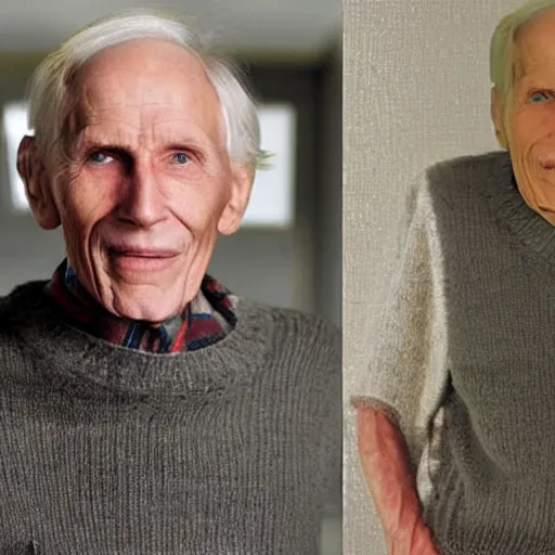 Image similar to A photograph of old Jerma985 in his eighties who looks like Jerma985 wearing a sweater in the 2010s, Jerma985, looks like Jerma985, taken in the late 2010s, taken on a 2010s Camera, realistic, hyperrealistic, very realistic, highly detailed, very detailed, extremely detailed, detailed, digital art, trending on artstation, headshot and bodyshot