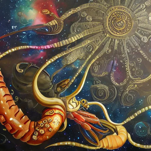 Image similar to painting of ornate space ship, nebulae background, nautilus, shell, tentacle, 4 0 k warhammer, shrimp, prawn